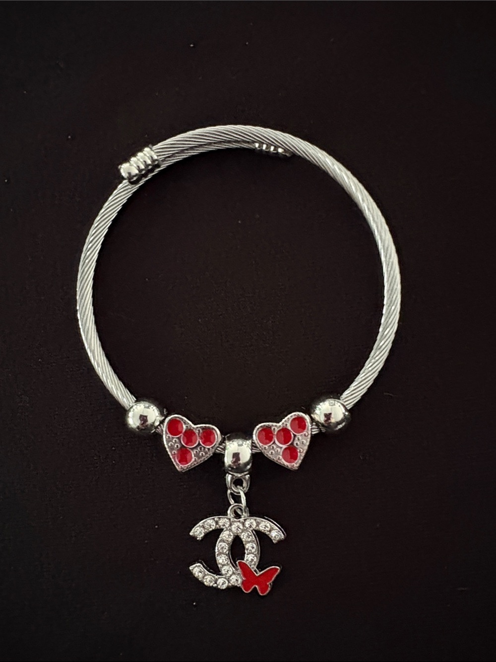 Stainless Steel Charm Bracelet with Red Hearts